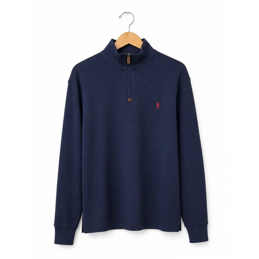 Polo Ralph Lauren Quarter Zip Pullover Men Large Navy Blue‎ Cotton Knit Preppy